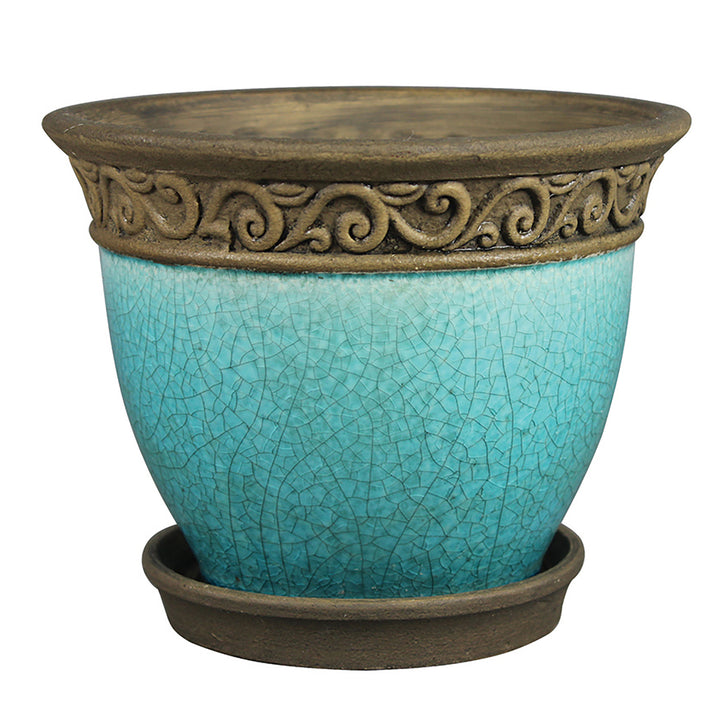 Southern Patio Cadiz 8" Diameter Crackled Ceramic Planter Pot with Saucer, Teal