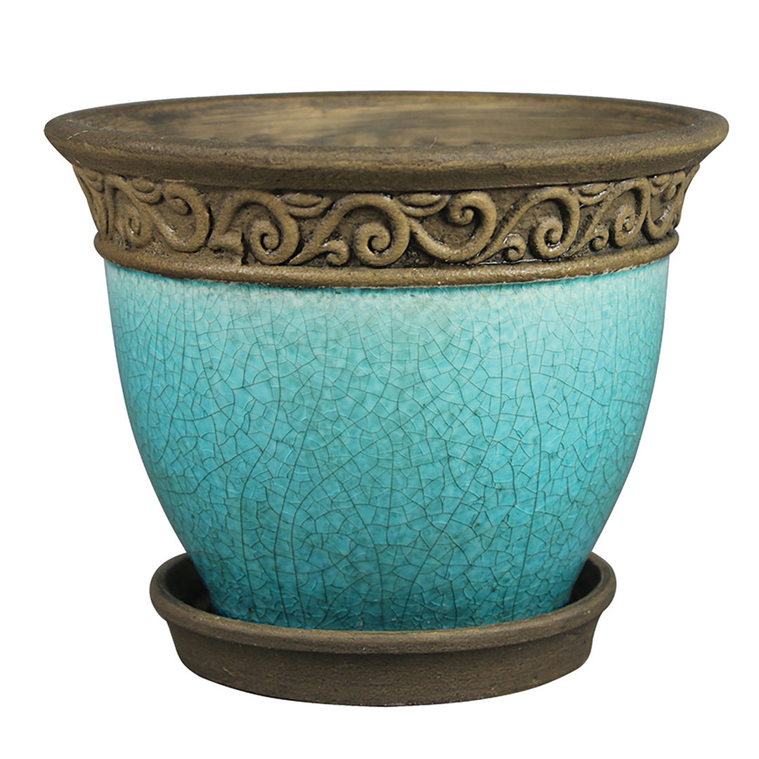 Southern Patio Cadiz 8" Crackled Ceramic Planter Pot w/ Saucer, Teal (Open Box) - VMInnovations