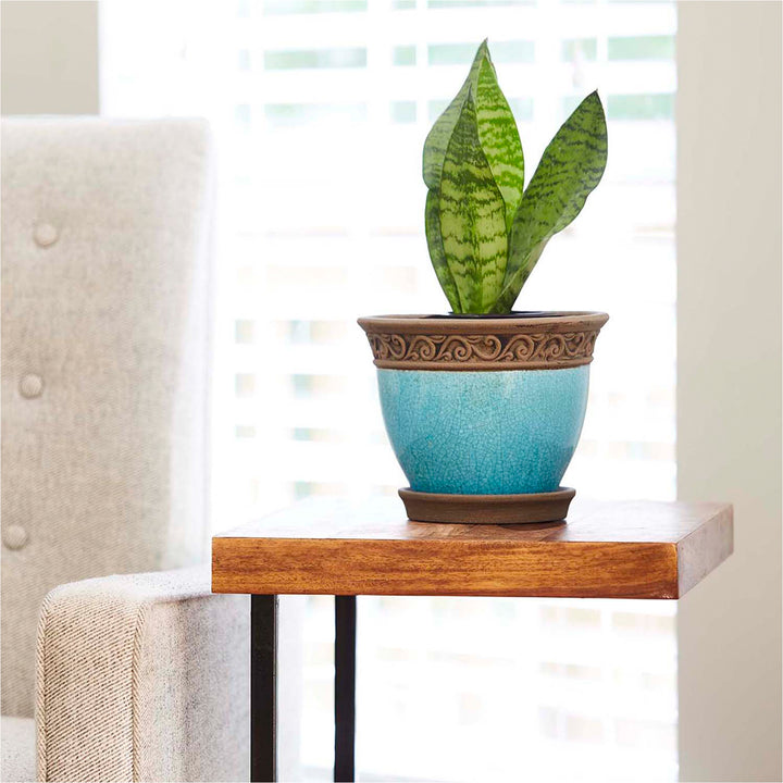 Southern Patio Cadiz 8" Crackled Ceramic Planter Pot w/ Saucer, Teal (Open Box) - VMInnovations