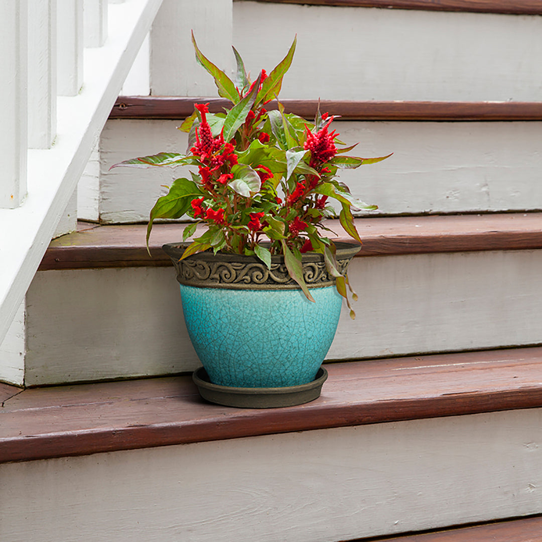 Southern Patio Cadiz 8" Crackled Ceramic Planter Pot w/ Saucer, Teal (Open Box) - VMInnovations