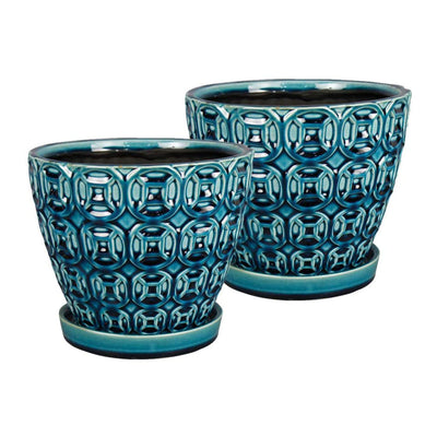 Southern Patio 8 Inch Ceramic Clay Mayer Planter and Saucer, Seafoam (2 Pack)