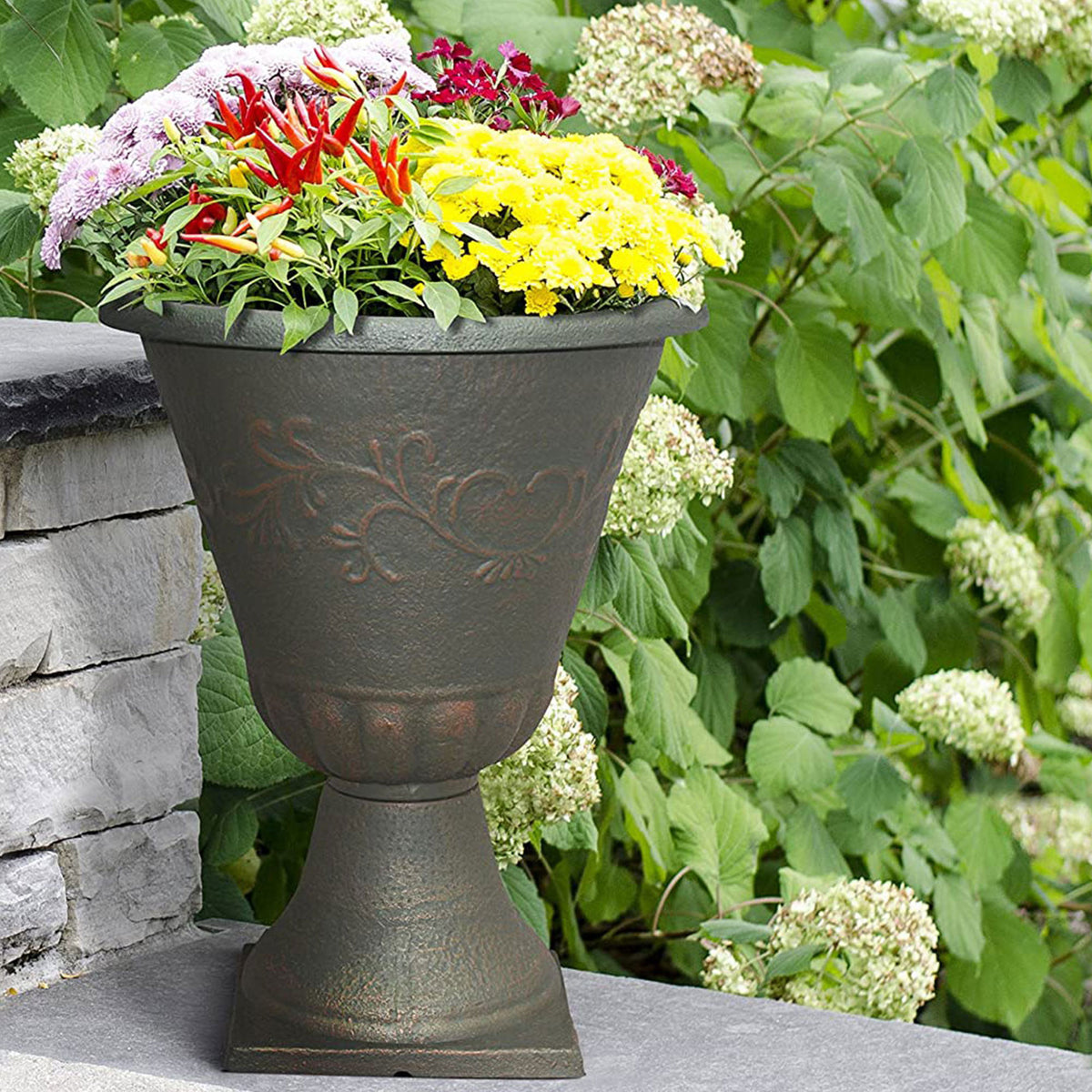 Southern Patio 16 Inch Resin Stone Sonoma Urn Tall Planter, Rust Brown (2 Pack)