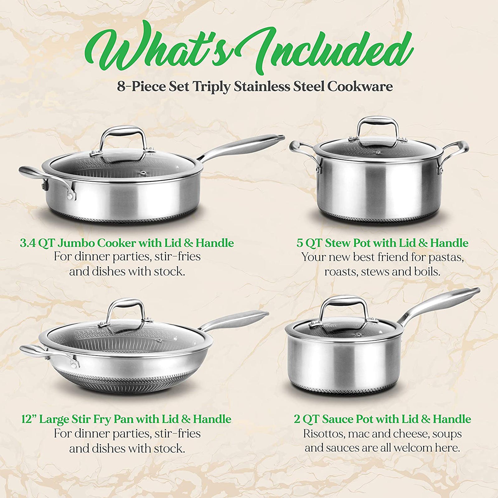 8 Piece Nonstick Stainless Steel Kitchen Cookware Pan Set with Lids (Open Box) - VMInnovations