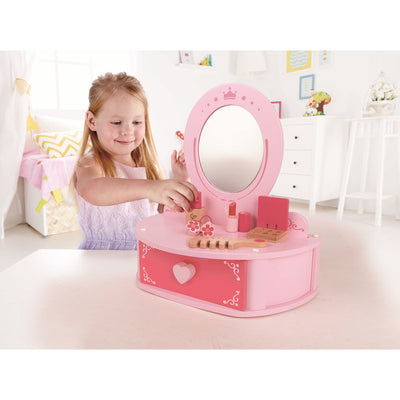 Hape Petite Pink Vanity Toy Wooden Beauty Counter with Mirror and Accessories