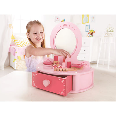 Hape Petite Pink Vanity Toy Wooden Beauty Counter with Mirror and Accessories - VMInnovations