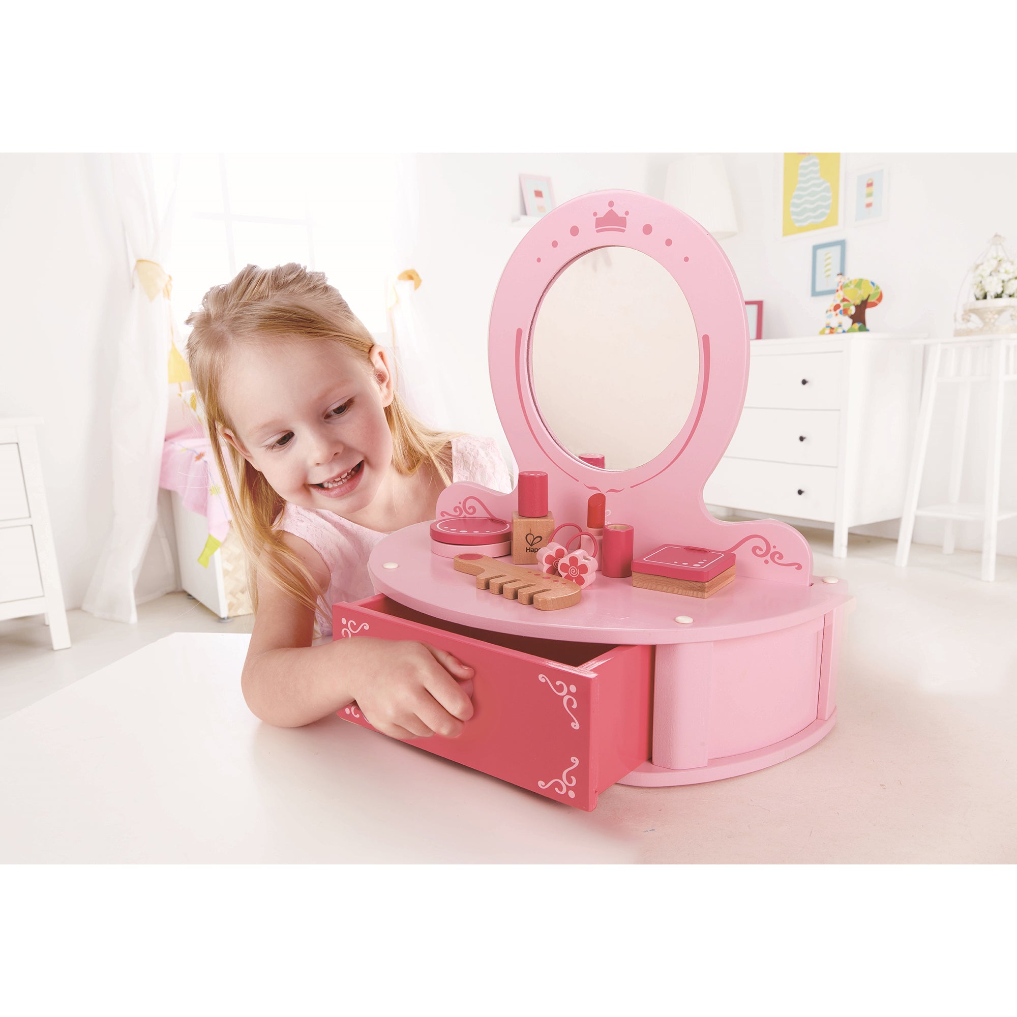 Petite Vanity Toy Wooden Beauty Counter with Mirror and Accessories (Open Box) - VMInnovations