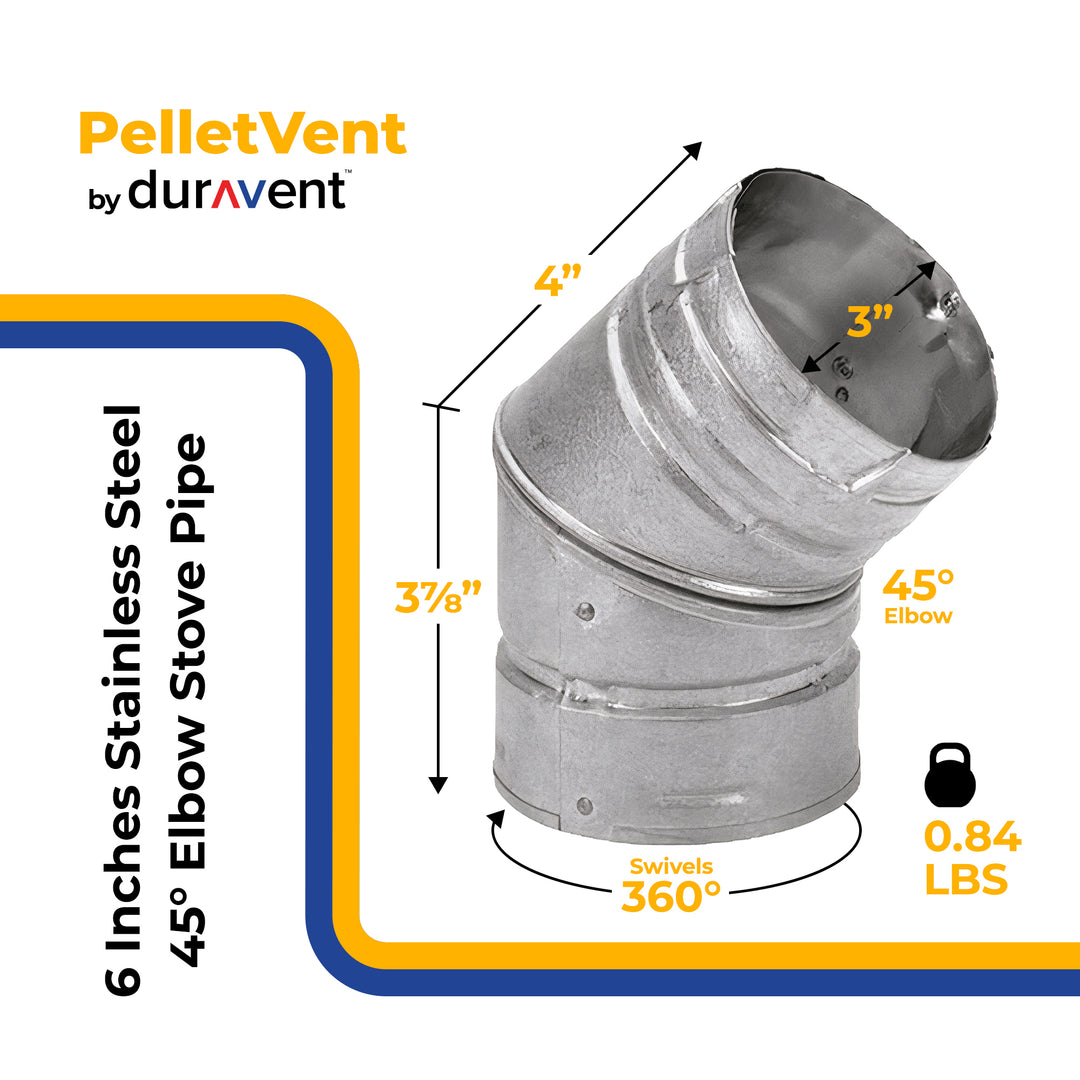 DuraVent PelletVent 6 Inches Stainless Steel 45 Degree Elbow Stove Pipe, Silver
