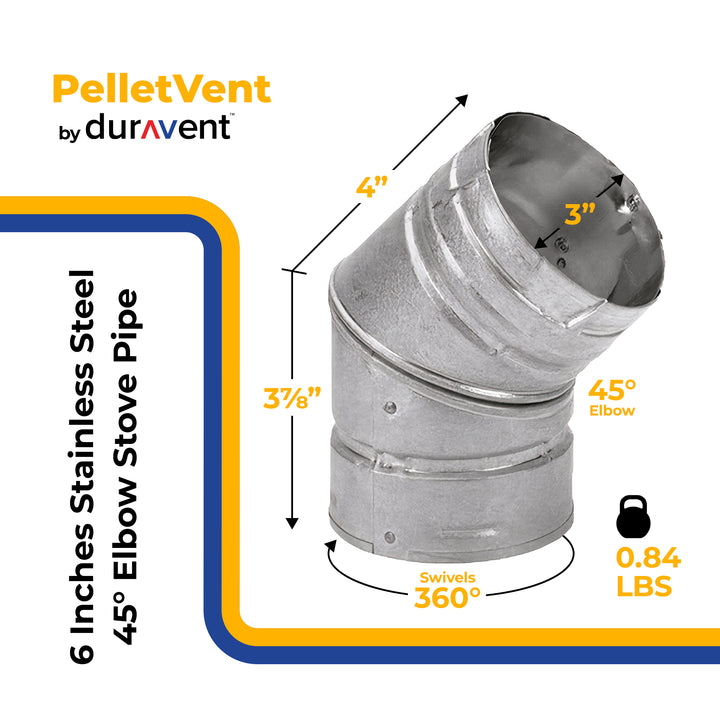 DuraVent PelletVent 6 Inches Stainless Steel 45 Degree Elbow Stove Pipe, Silver