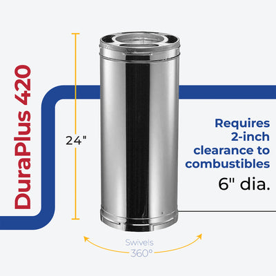 DuraVent DuraPlus Stainless Steel Triple Wall Stove Pipe, 24 x 6 Inch (Open Box) - VMInnovations