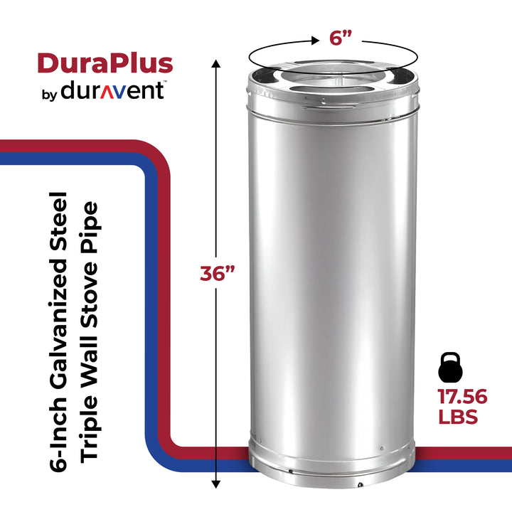 DuraVent 6DP-36 DuraPlus 36 x 6 Galvanized Steel Triple Wall Stove Pipe