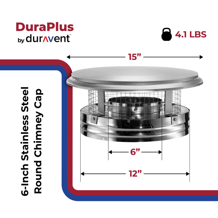 DuraVent DuraPlus 6DP-VC 6 Inch Stainless Steel Round Chimney Cap, Silver - VMInnovations