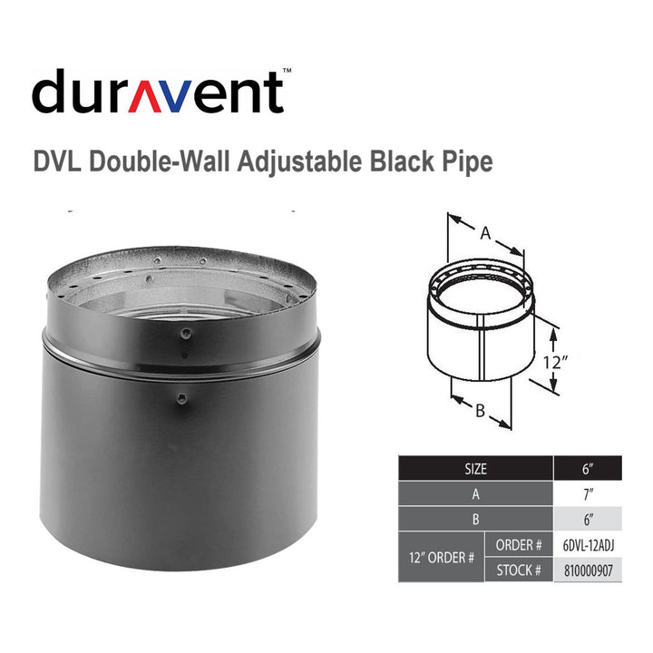 DuraVent DVL 6DVL-12ADJ Adjustable Steel Double Wall Stove Pipe, Black