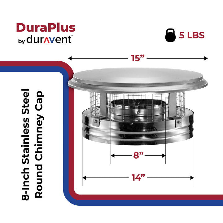 DuraVent DuraPlus 8DP-VC 8 Inch Diameter Stainless Steel Round Chimney Cap - VMInnovations