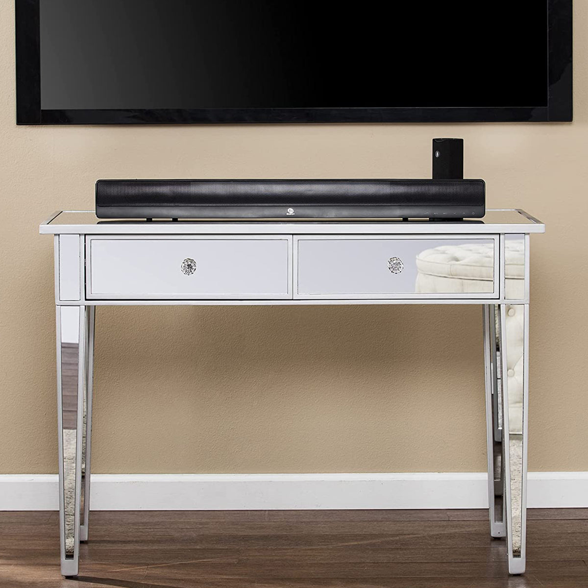SEI Furniture Mirage Mirrored Vanity Desk 2 Drawer Media Console Table, Silver