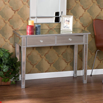 SEI Furniture Mirage Mirrored Vanity Desk 2 Drawer Media Console Table, Silver