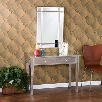 SEI Furniture Mirage Mirrored Vanity Desk 2 Drawer Media Console Table, Silver