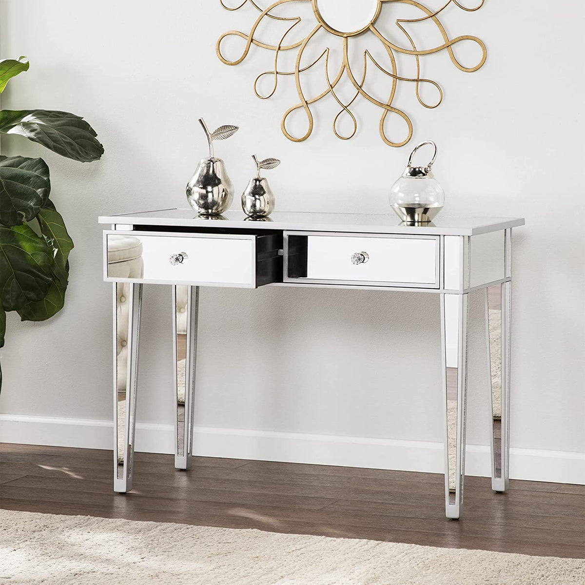 SEI Furniture Mirage Mirrored Vanity Desk 2 Drawer Media Console Table, Silver