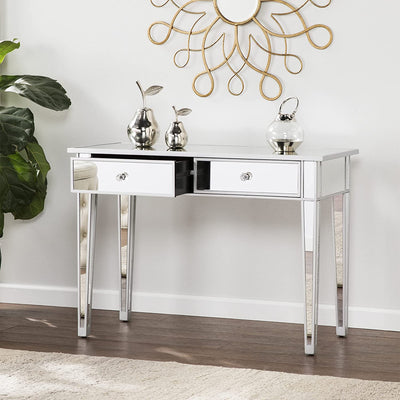 SEI Furniture Mirage Mirrored Vanity Desk 2 Drawer Media Console Table, Silver