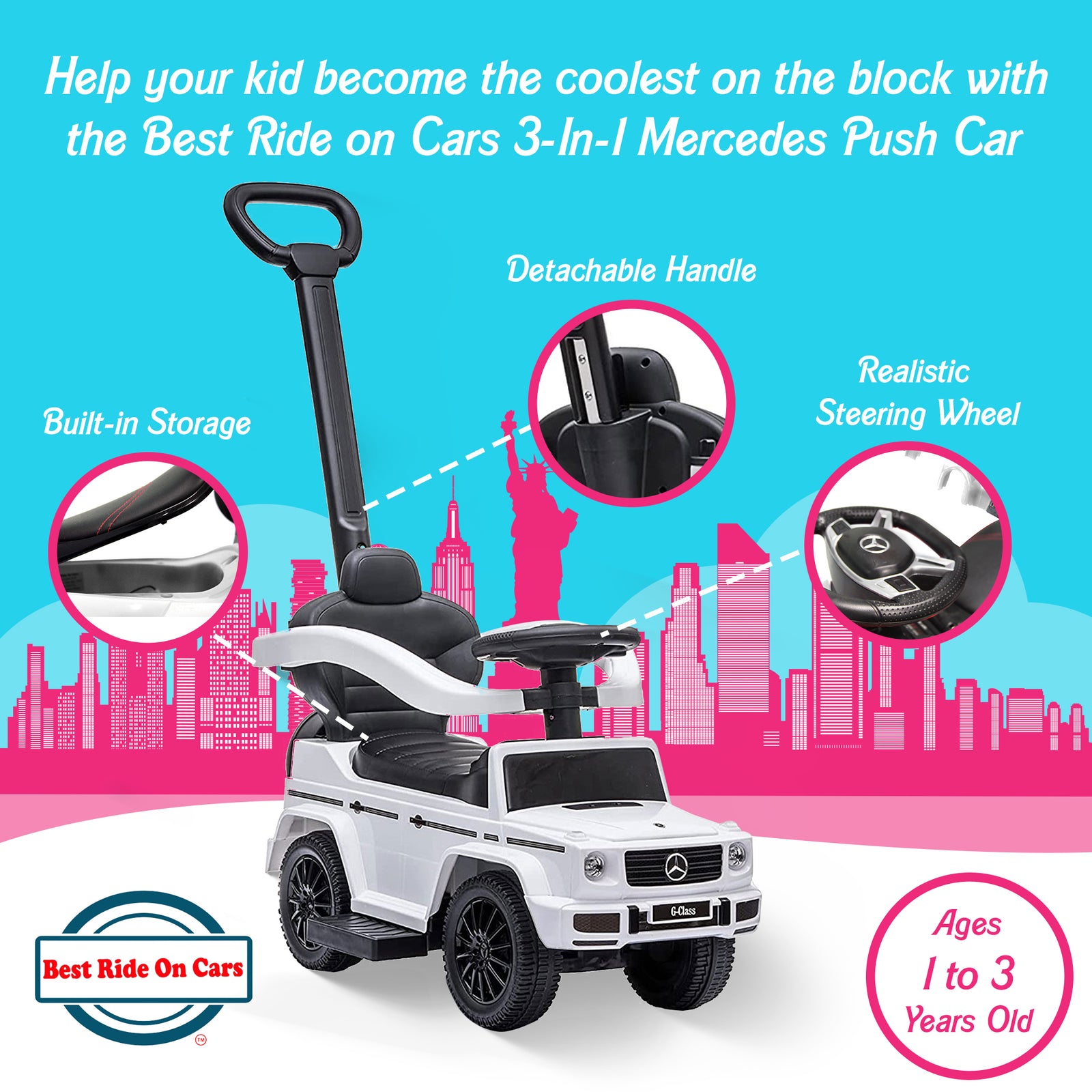 Best Ride On Cars Kids Outdoor Stroller Mercedes G-Wagon 3 in 1 Push Car, White - VMInnovations