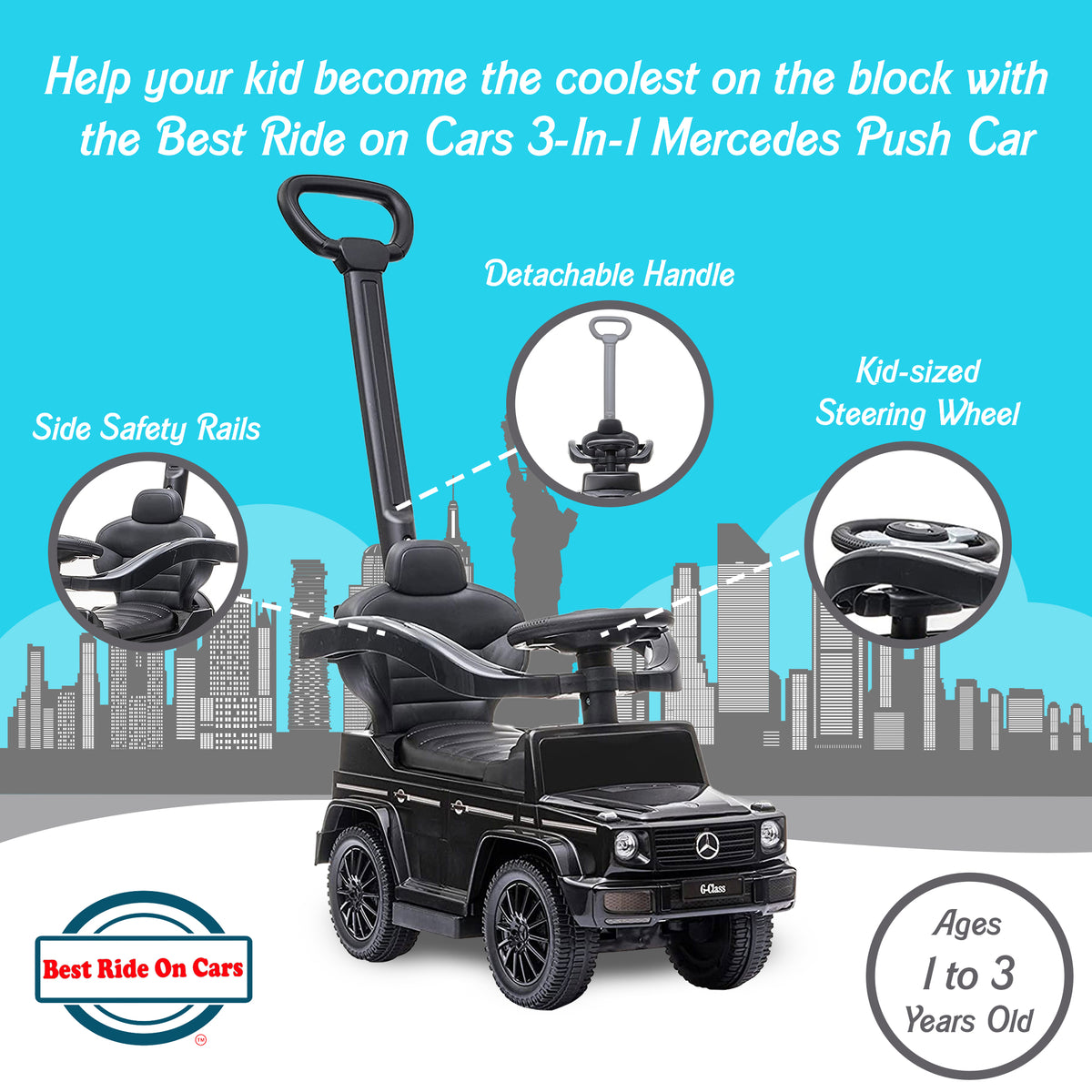 Best Ride On Cars Kids Stroller Mercedes G-Wagon 3in1 Push Car, Black(For Parts)