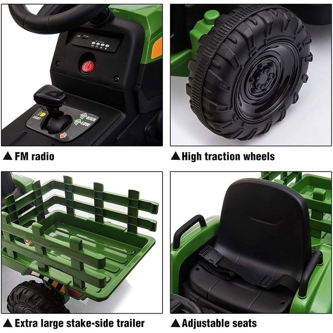 TOBBI 12 Volt Battery Operated Toy Tractor with Pull Behind Trailer, Dark Green