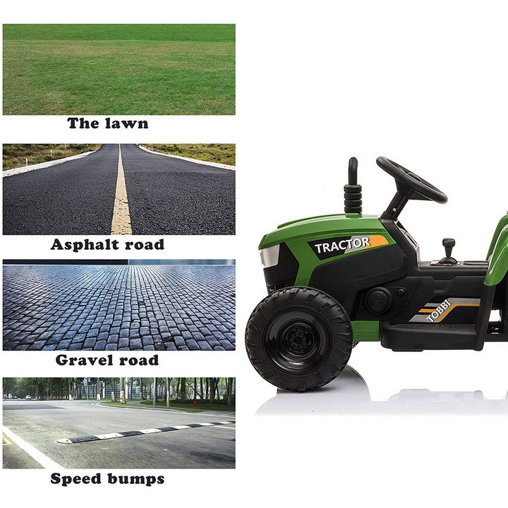 TOBBI 12 Volt Battery Operated Toy Tractor with Pull Behind Trailer, Dark Green