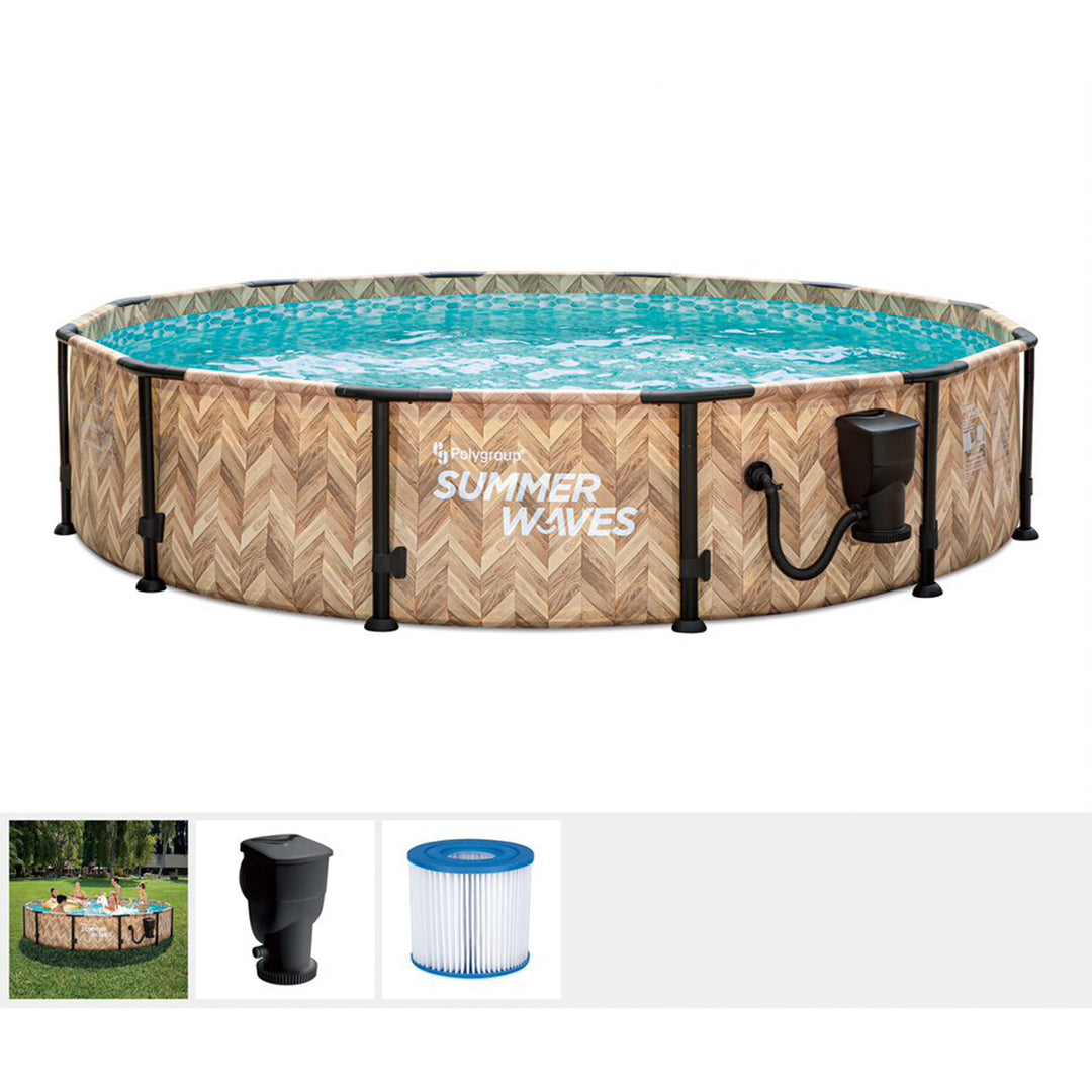 Summer Waves Elite 12' x 30" Round Above Ground Swimming Pool w/Pump, Light Oak