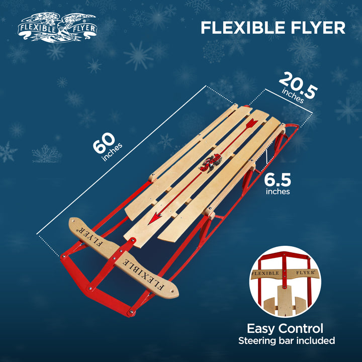 Flexible Flyer Metal Runner Steel/Wood 60" Snow Sled for Kids, Red (Open Box)