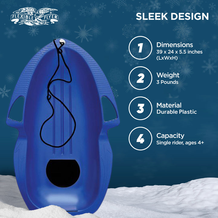 Flexible Flyer Spitfire Sled 1 Person Toboggan with Tow Rope & Seat Pad, Blue - VMInnovations