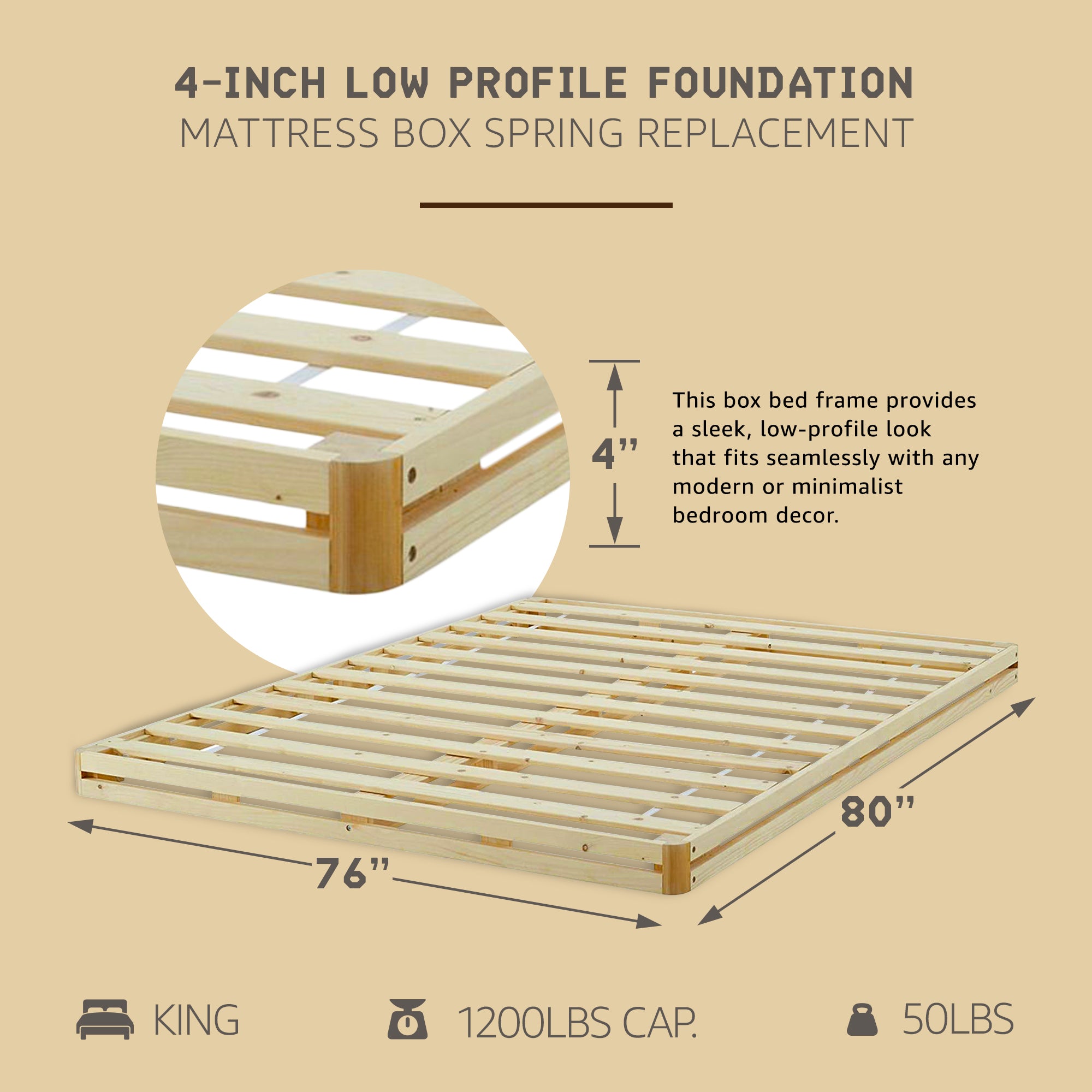 Hercules 4 Inch Low Profile Foundation Mattress Box Spring Replacement, King