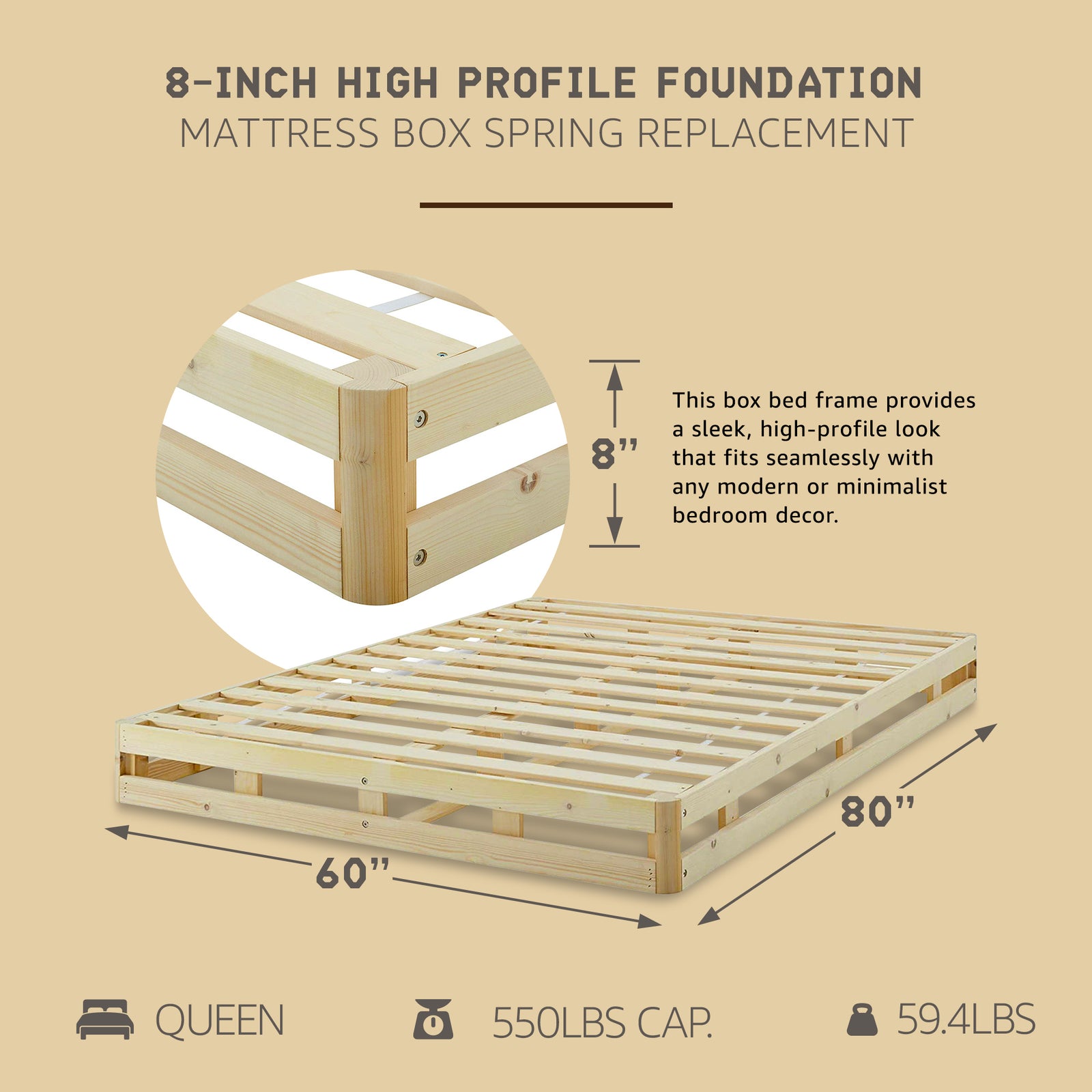 Hercules 8 Inch High Profile Instant Foundation Box Spring Replacement, Queen - VMInnovations