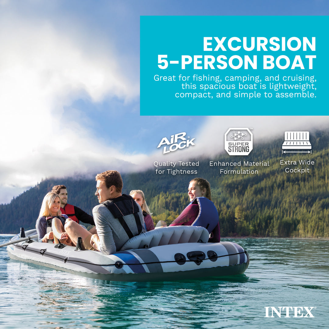 Intex Excursion 5 Person Inflatable Boat, Water Fishing River Raft Set w/Oars