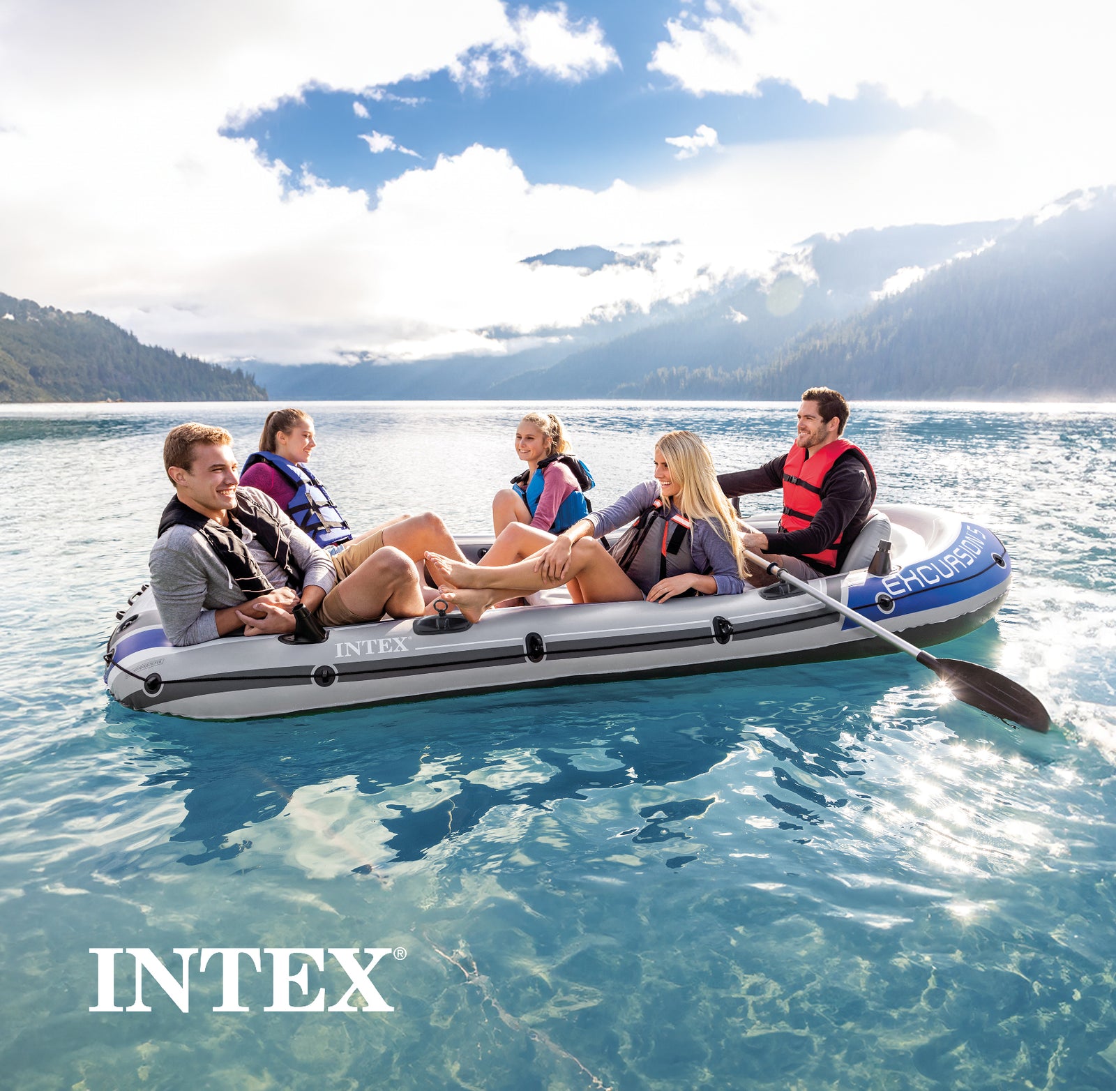 INTEX Excursion 5 Person Inflatable Rafting/Fishing Dinghy Boat Set (Used) - VMInnovations