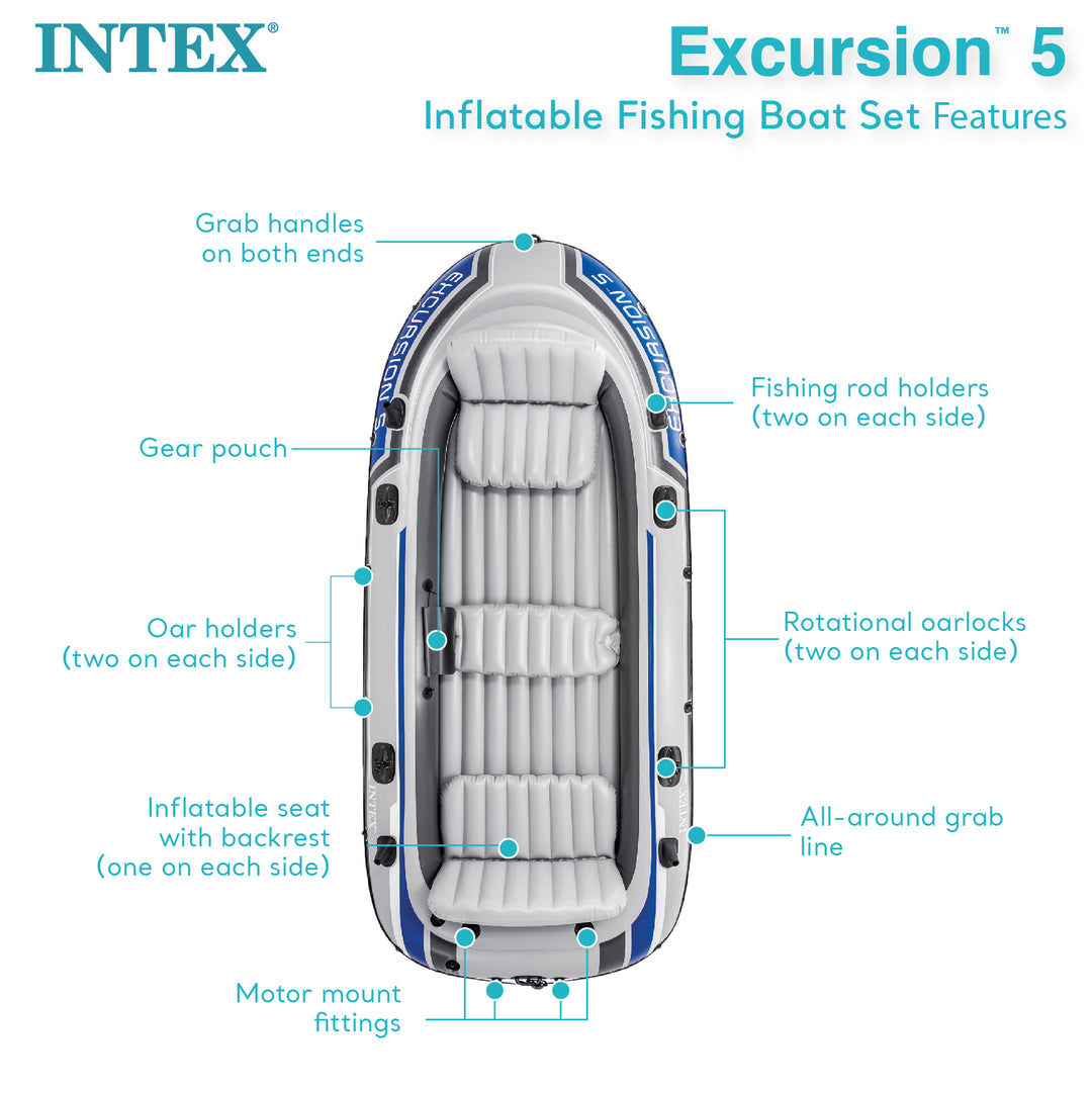 Intex Excursion 5 Inflatable Fishing Boat Set with Transom Mount Trolling Motor