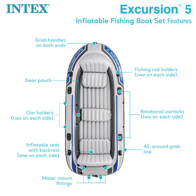 Intex Excursion 5 Inflatable Fishing Boat Set with Transom Mount Trolling Motor