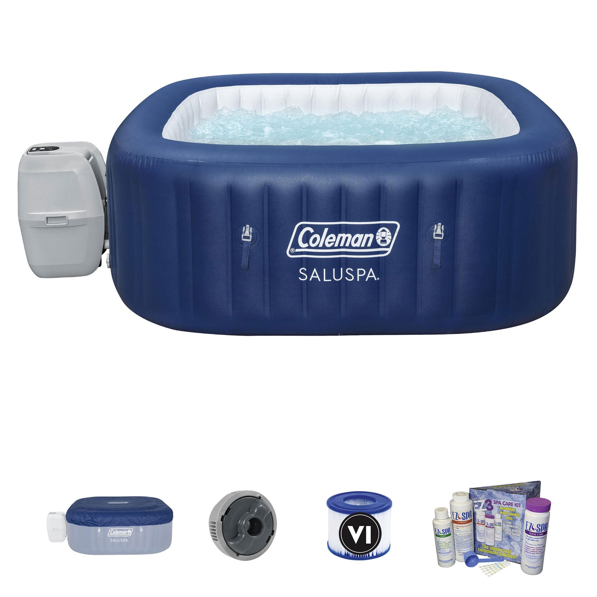 Coleman SaluSpa 4 Person Square Inflatable Hot Tub Spa w/ Chemical Balancing Kit