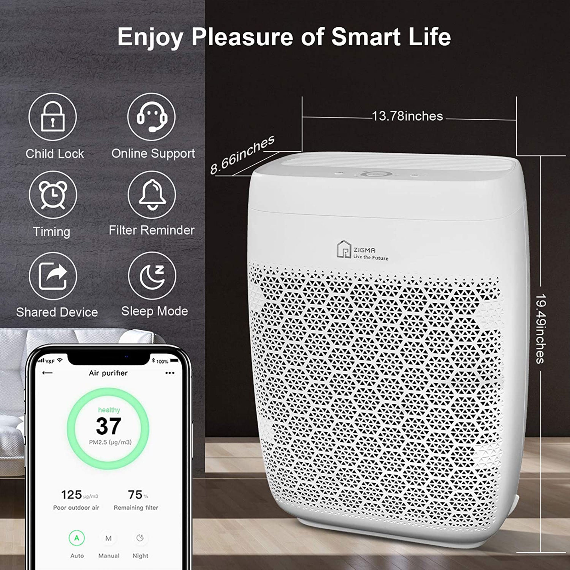 Zigma Aerio-300 1580 SqFt HEPA Air Purifier Machine w/ Carbon Filter(Open Box)