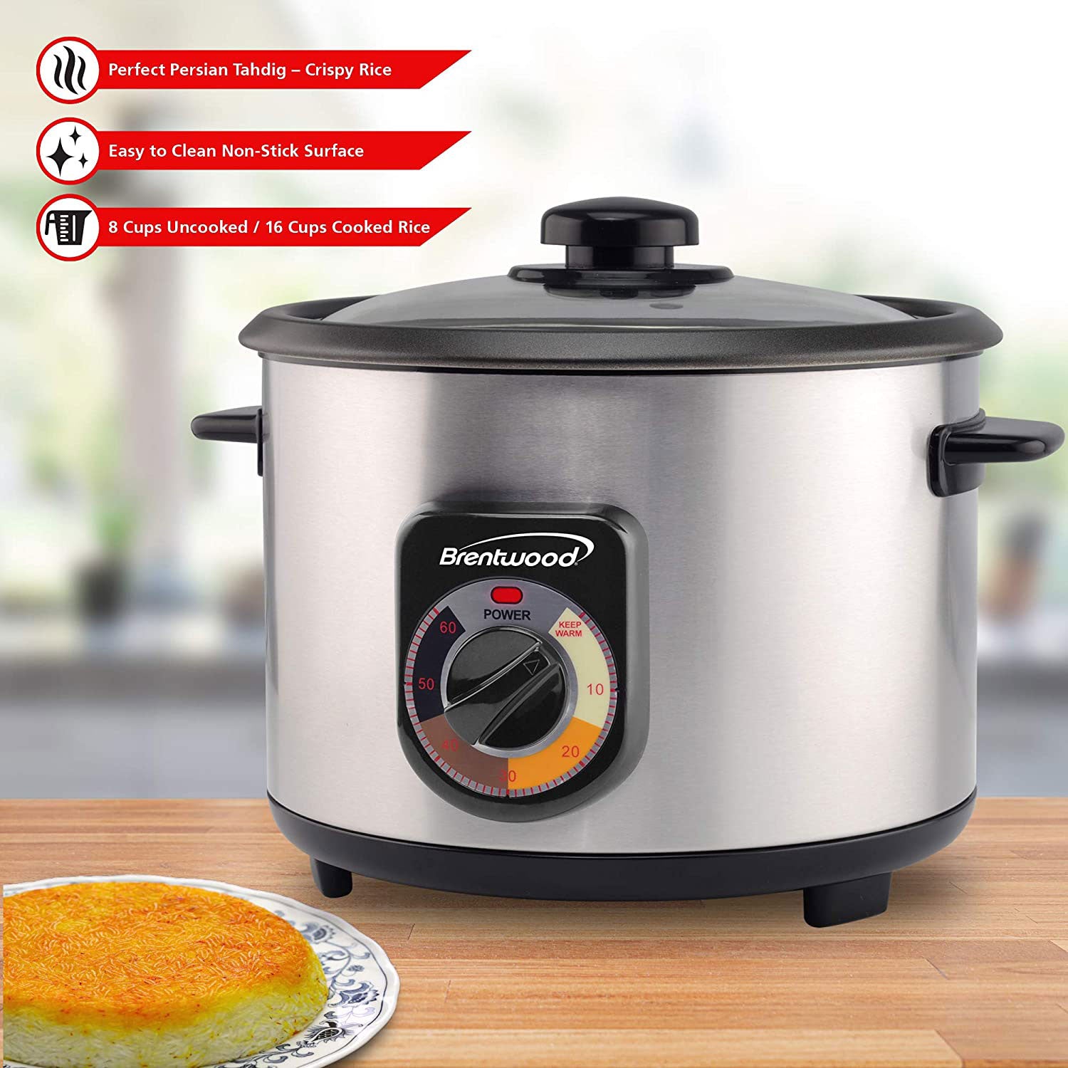 Brentwood Home Kitchen 8 Cup Crunchy Tahdig Persian Rice Cooker (Open Box) - VMInnovations