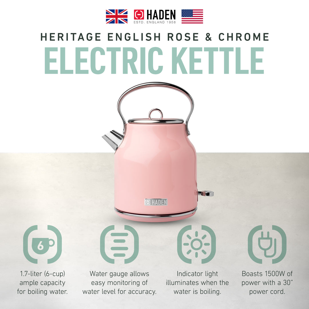 Haden Heritage 1.7 Liter Stainless Steel Body Electric Tea Kettle, Pink (Used)