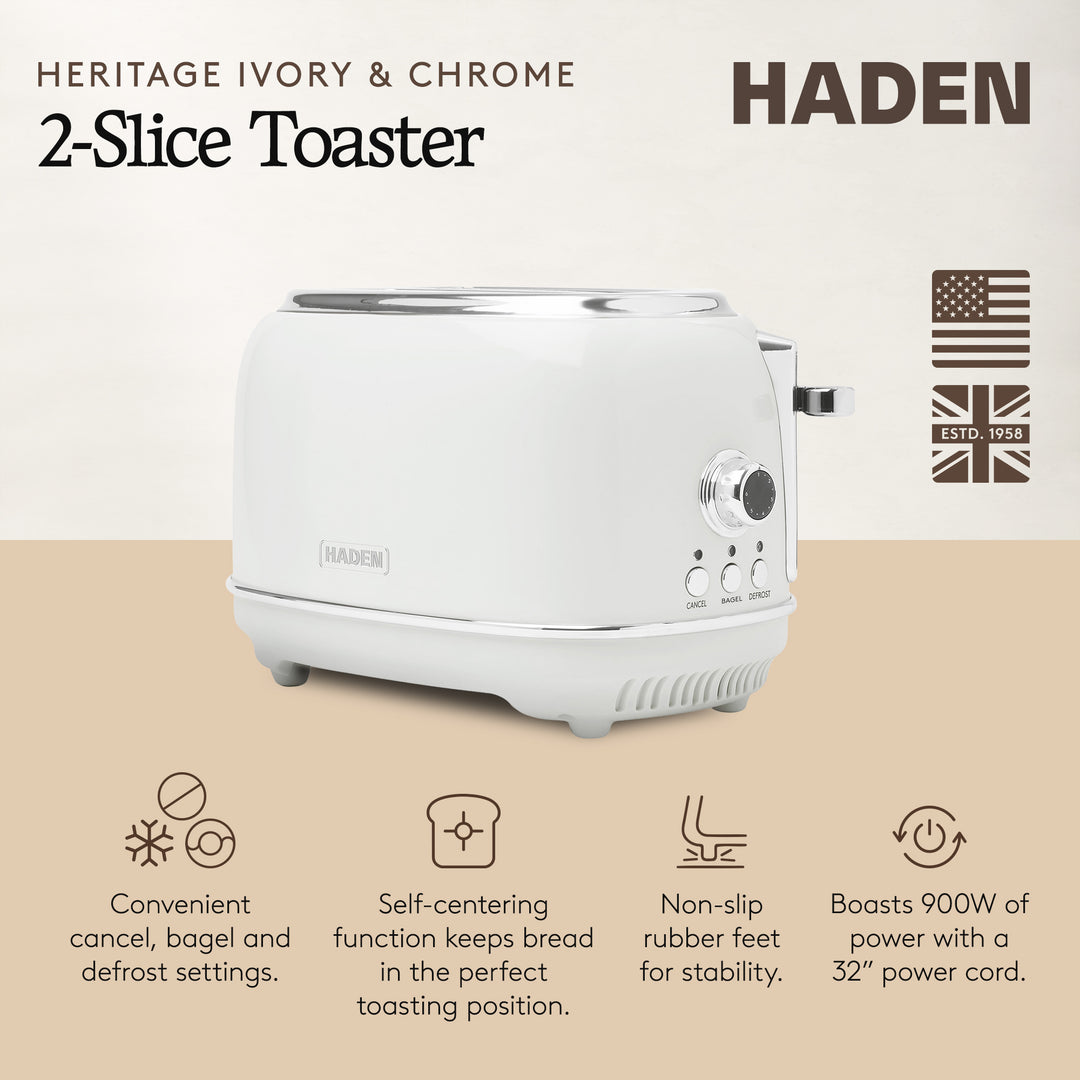 Haden Heritage 2 Slice Wide Slot Stainless Steel Toaster, Ivory & Chrome