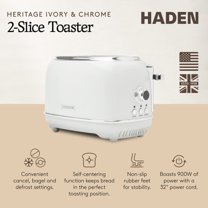 Haden Heritage 2 Slice Wide Slot Stainless Steel Toaster, Ivory & Chrome