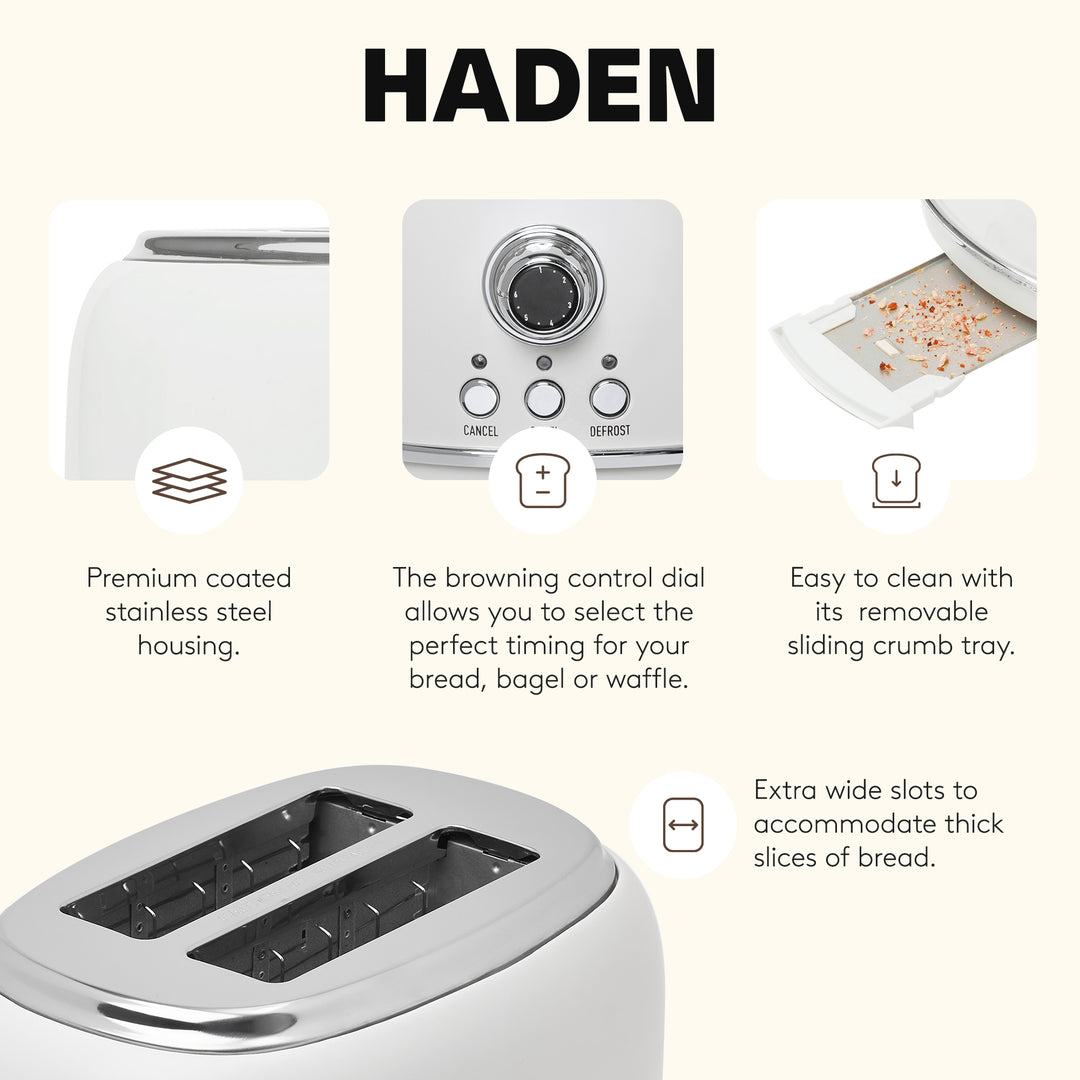 Haden Heritage 2 Slice Wide Slot Stainless Steel Toaster, Ivory & Chrome