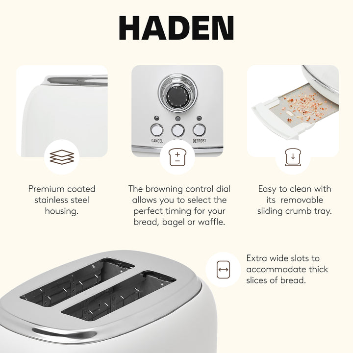 Haden Heritage 2 Slice Wide Slot Stainless Steel Toaster, Ivory & Chrome