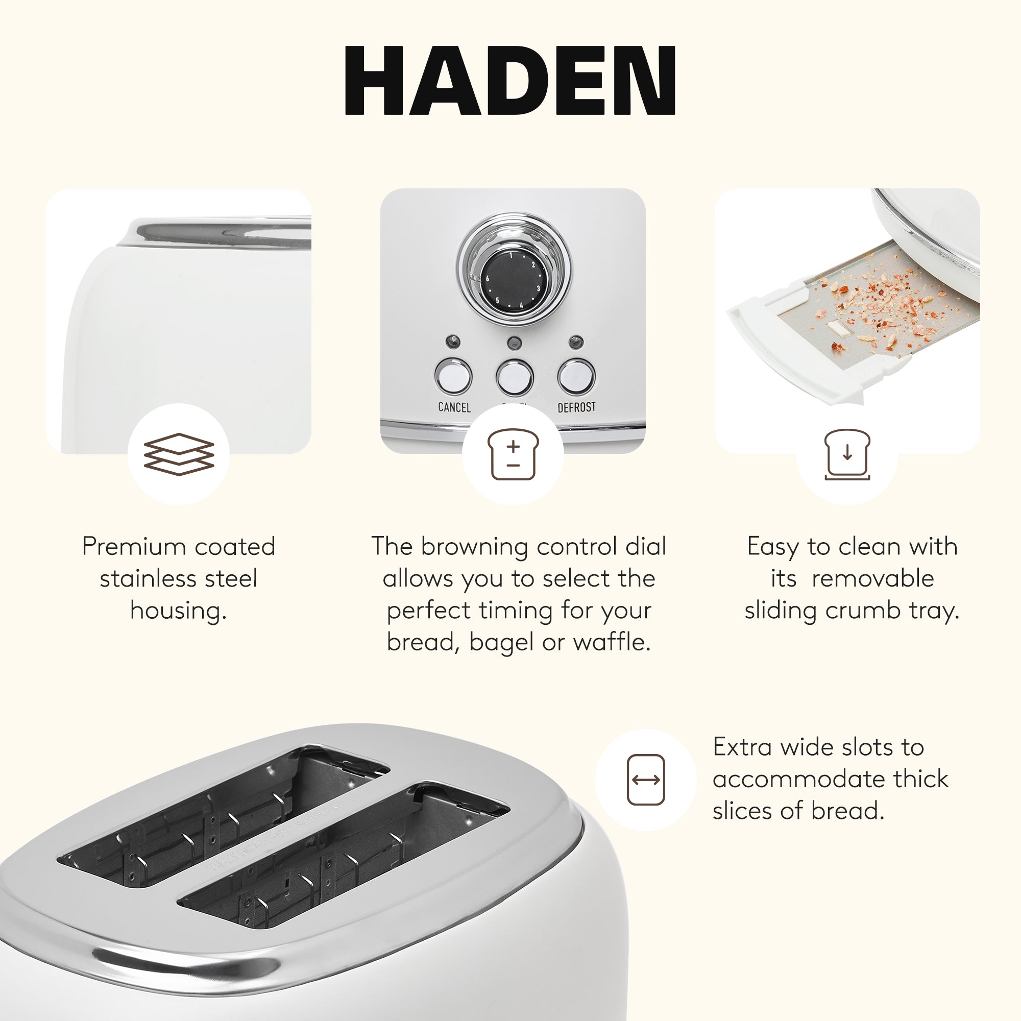 Haden Heritage 2 Slice Wide Slot Stainless Steel Bread Toaster, White (Used)