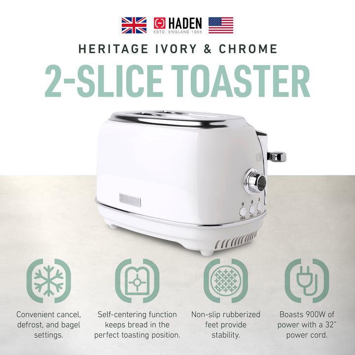 Haden Heritage 2 Slice Wide Slot Stainless Steel Toaster, Ivory & Chrome