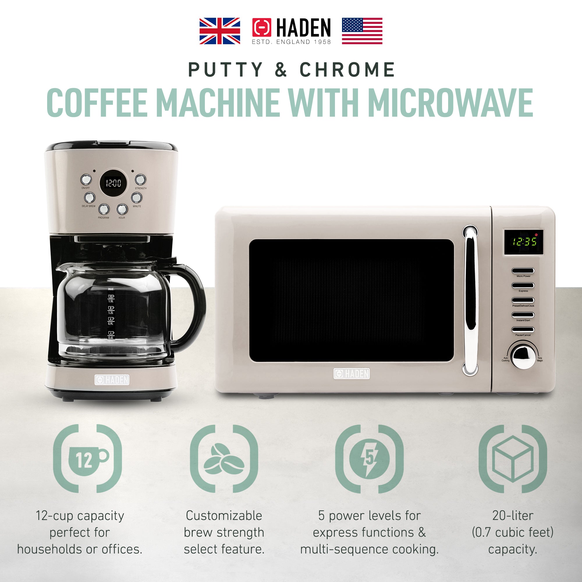 Haden Dorset 12 Cup Programmable Coffee Maker with Countertop Microwave, Putty - VMInnovations