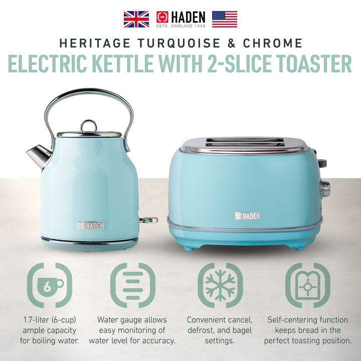 Haden Heritage 1.7 Liter Stainless Steel Electric Kettle with Toaster, Turquoise