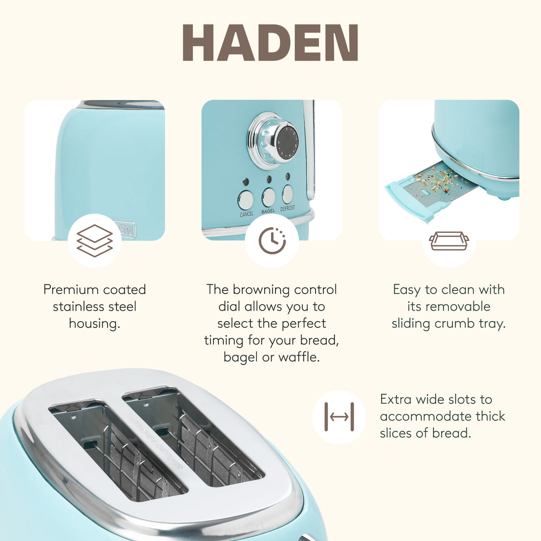 Haden Heritage 1.7 Liter Stainless Steel Electric Kettle with Toaster, Turquoise