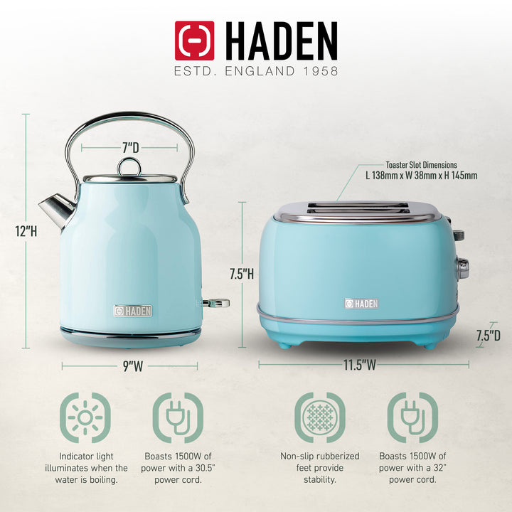 Haden Heritage 1.7 Liter Stainless Steel Electric Kettle with Toaster, Turquoise