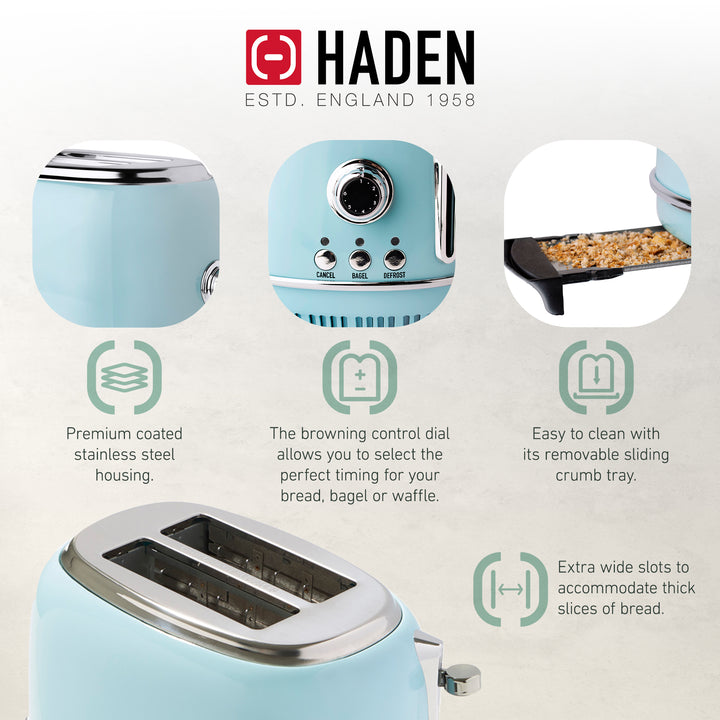 Haden Heritage 1.7 Liter Stainless Steel Electric Kettle with Toaster, Turquoise